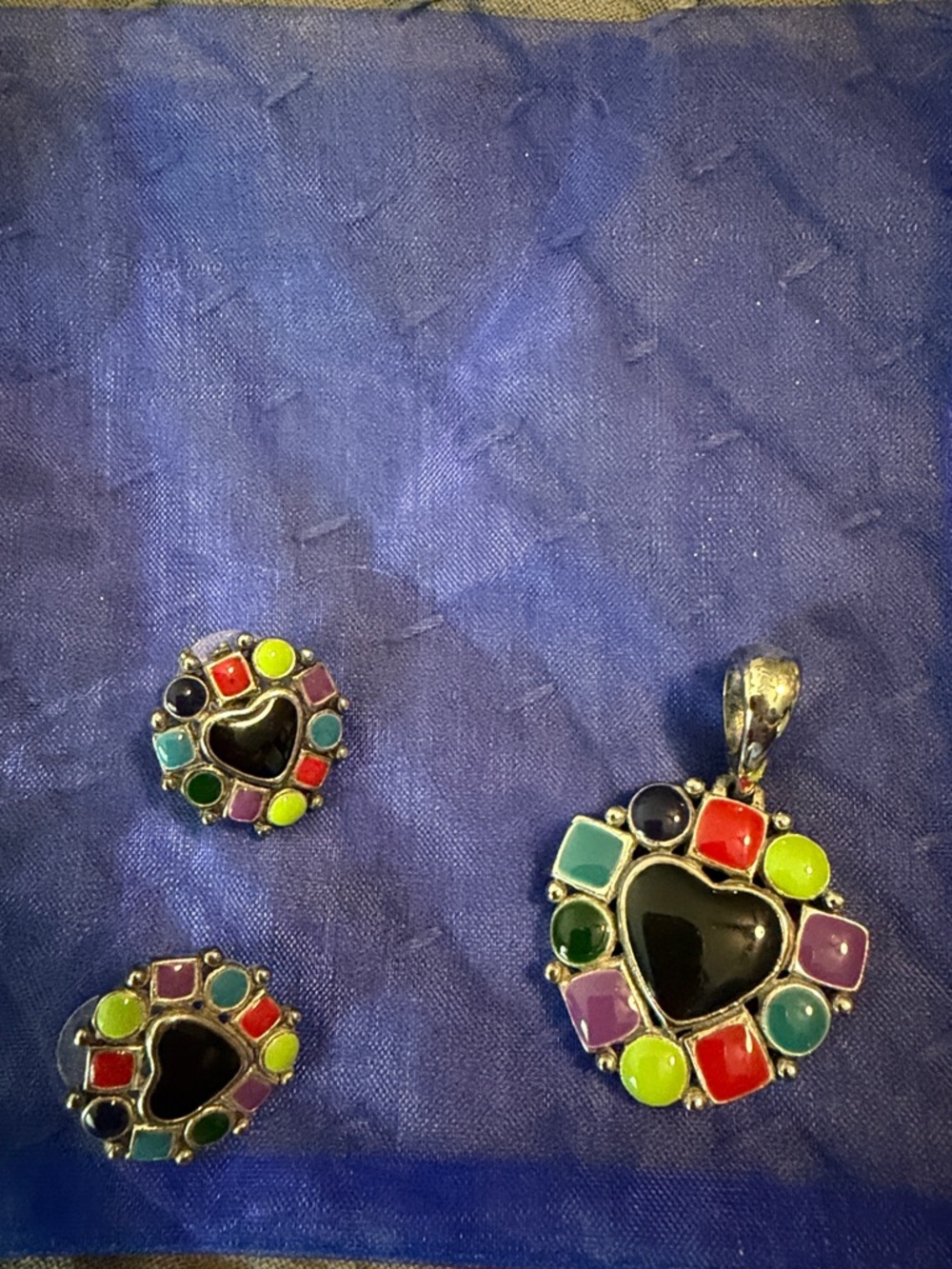 Multicolor Heart Pendant and Earring Set with Black Center